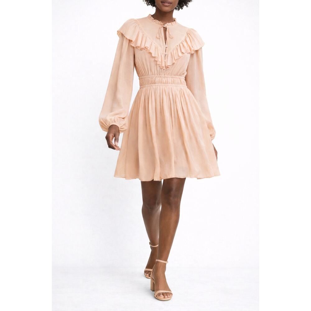 Maje Riava Dress XL EU 42 Blush Peach Ruffle Bib Collar Tie Neck Long Sleeve